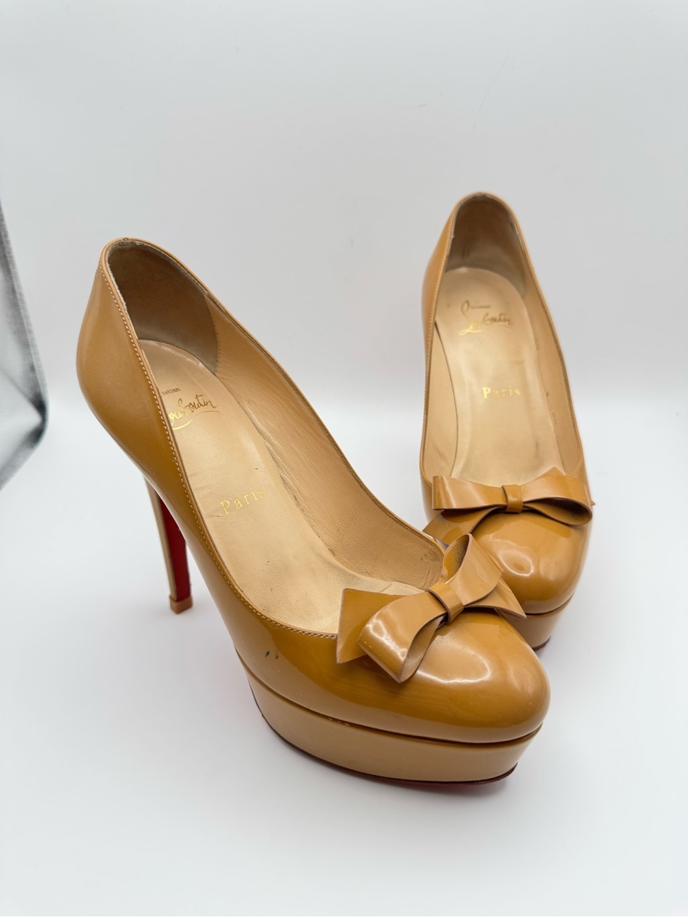Christian Louboutin Bianca 140 Bow Patent Platform Pumps Camel Nude EU 36 - Picture 3 of 9